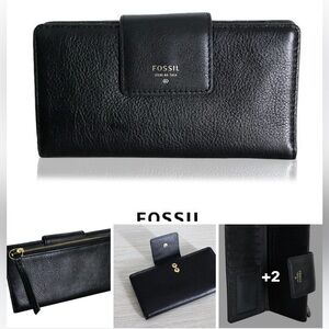 Fossil Sydney Tab Clutch Or Bifold  Black Pocket Leather Wallet Mint Condition